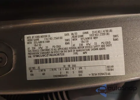 2022 Ford Escape Sel Hybrid from USA, damaged, VIN 1FMCU9CZ1NUA38722